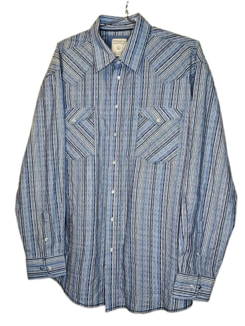 Panhandle Rough Stock Western Pearl Snap Shirt Blue Tribal Southwest Striped Lg